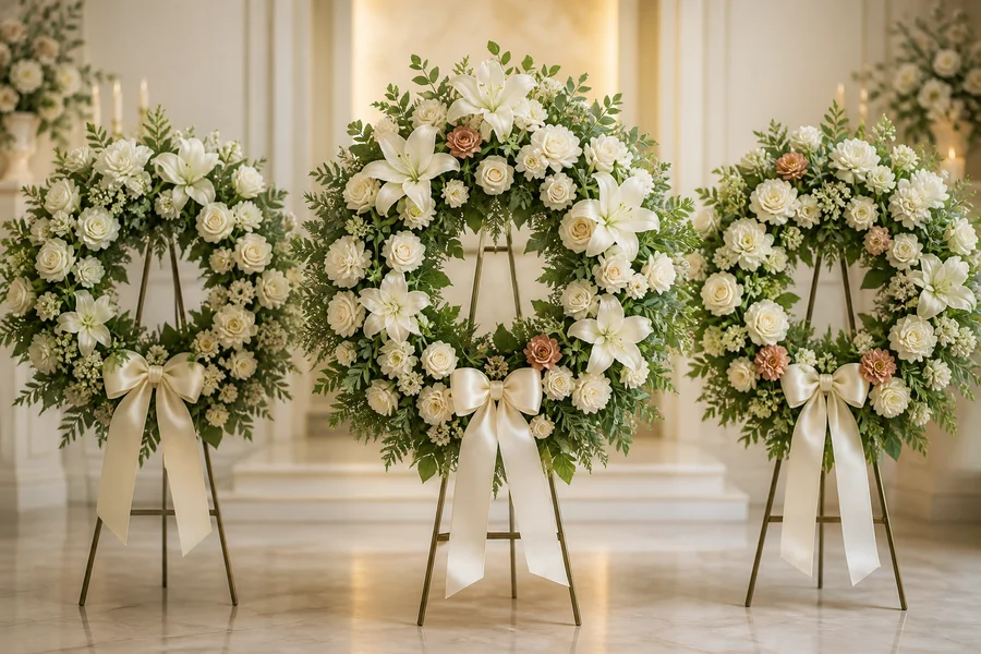 Tres coronas funerarias de flores blancas y vegetación natural